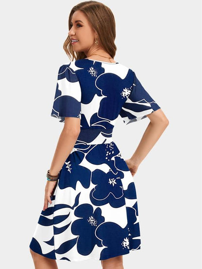 ⏰ 50 % RABATT – Nur für kurze Zeit 🌸 Damen Sommerkleid mit V-Ausschnitt ✨ Florales Muster, Rüschenärmel, Wickeloptik & Praktische Taschen