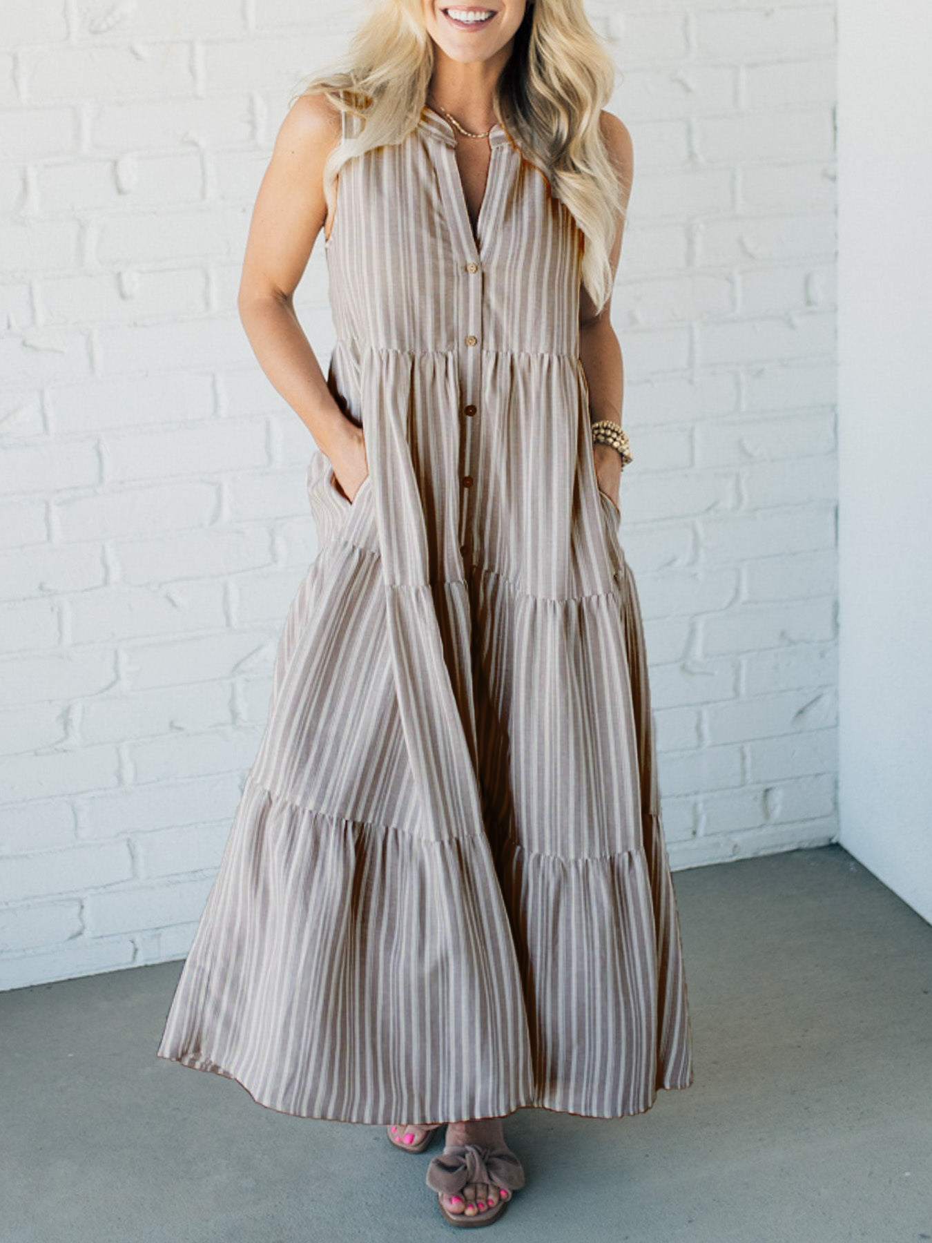 🔥50% de réduction 🔥Robe boutonnée à col en V et rayures sur le devant 👗Achetez-en 2 et économisez 10 %