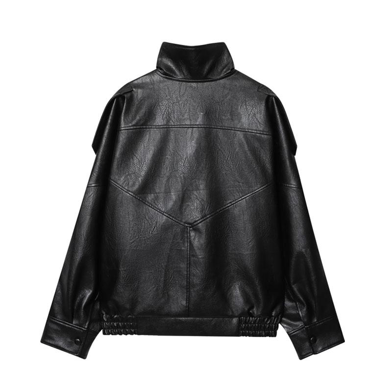🔥Solange der Vorrat reicht 40 % Rabatt!🎉Schwarze Kunstlederjacke mit Stehkragen, übergroße Motorradjacke