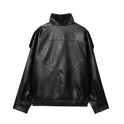 🔥Solange der Vorrat reicht 40 % Rabatt!🎉Schwarze Kunstlederjacke mit Stehkragen, übergroße Motorradjacke