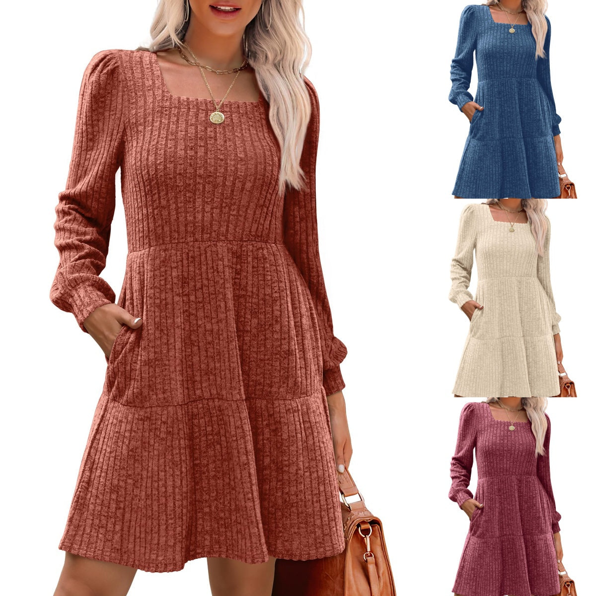🔥Solange der Vorrat reicht 40 % Rabatt!🎉 🍂Damen geripptes Kleid mit quadratischem Ausschnitt und Laternenärmeln