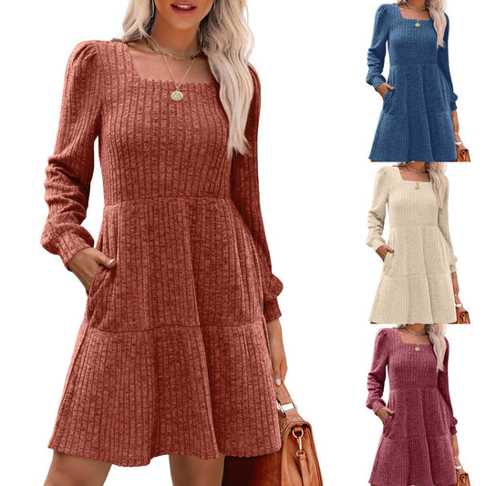 🔥Solange der Vorrat reicht 40 % Rabatt!🎉 🍂Damen geripptes Kleid mit quadratischem Ausschnitt und Laternenärmeln