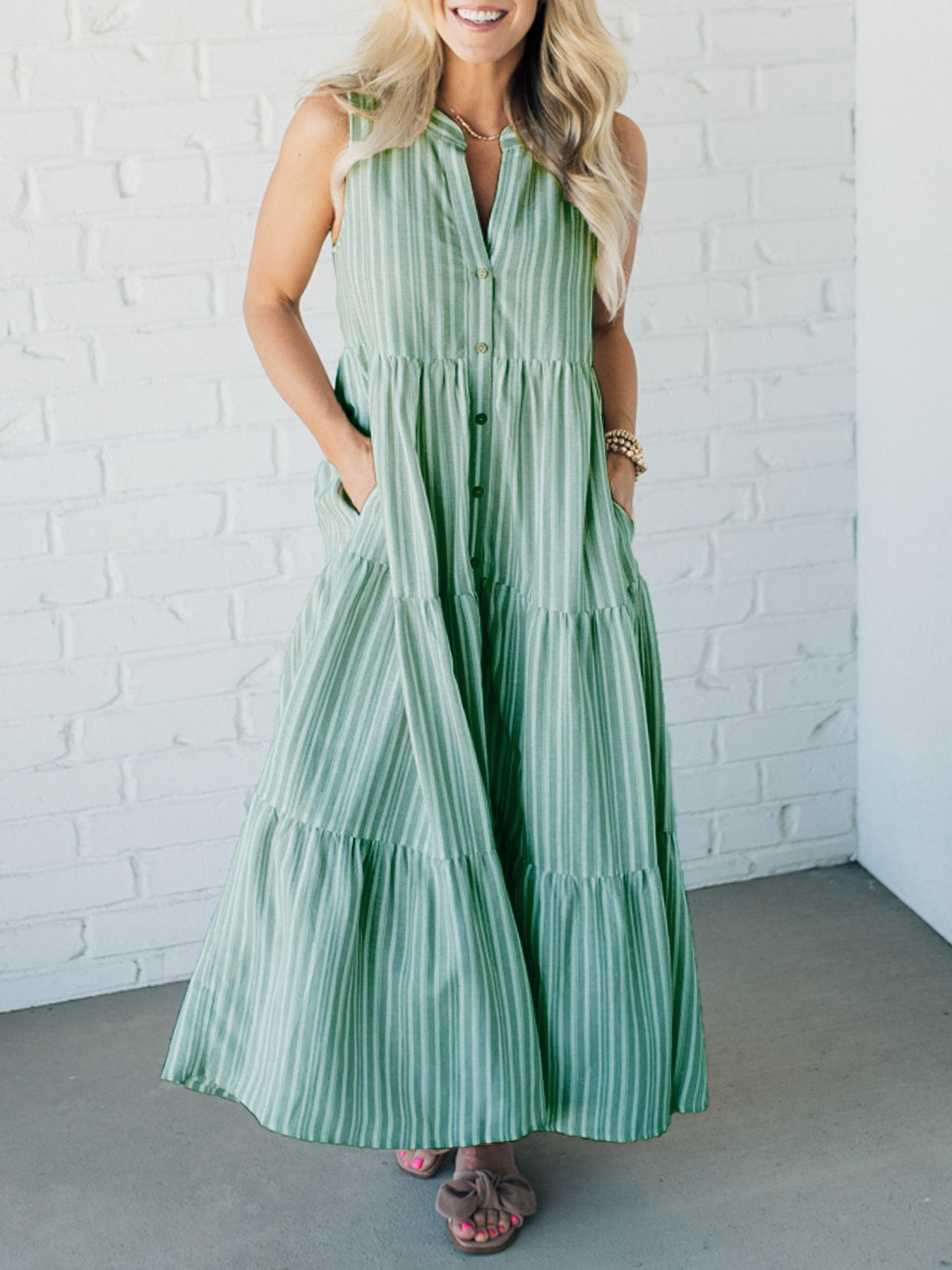 🔥50% de réduction 🔥Robe boutonnée à col en V et rayures sur le devant 👗Achetez-en 2 et économisez 10 %