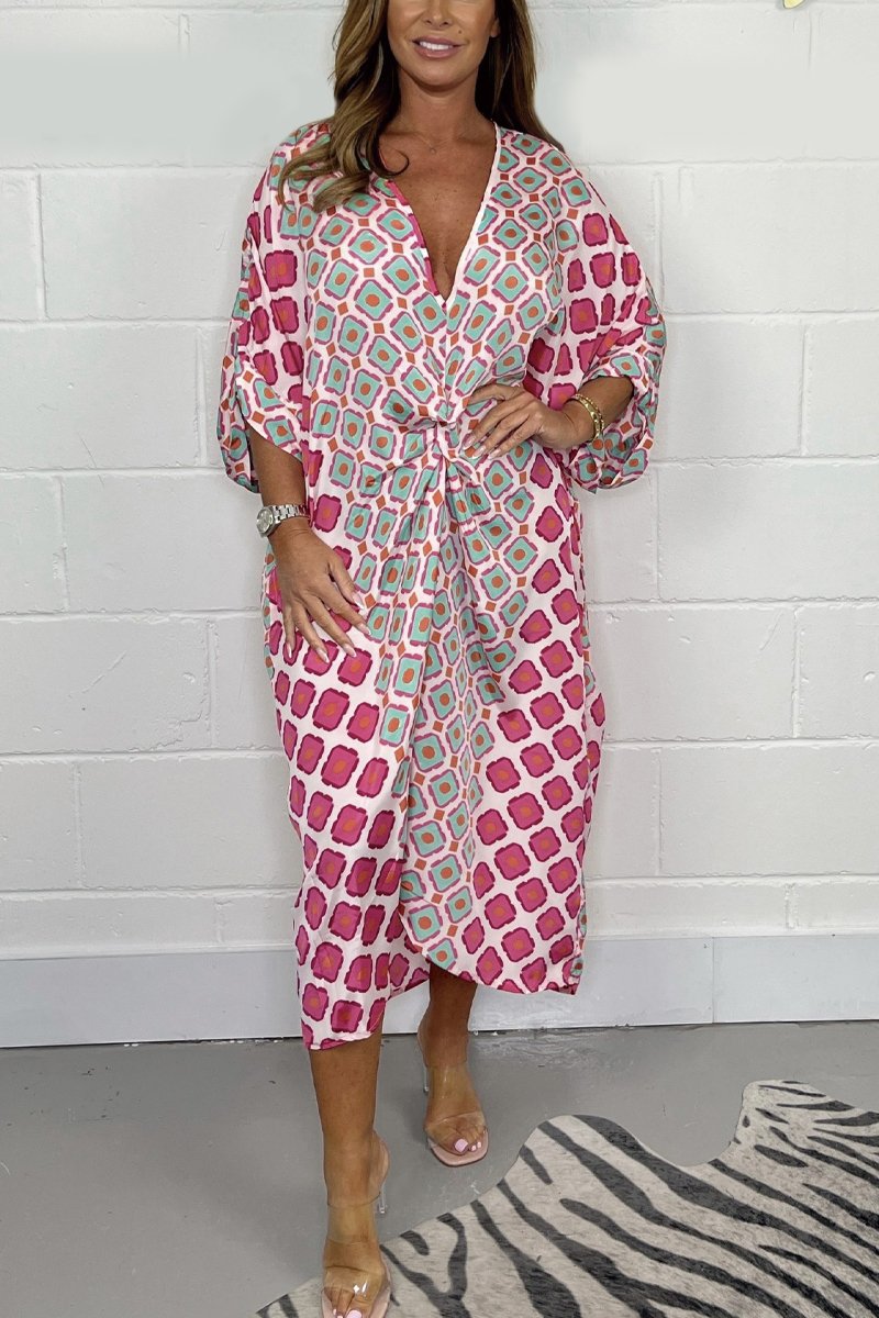 🔥50 % de réduction sur les soldes🔥Robe midi à col en V et motif géométrique