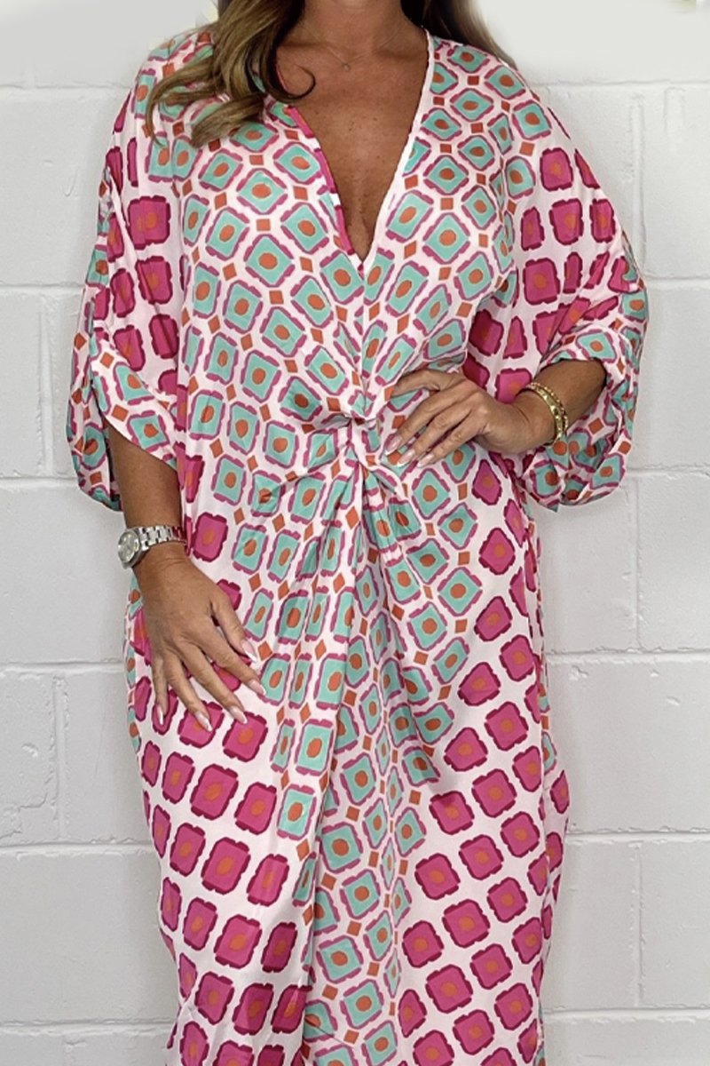 🔥50 % de réduction sur les soldes🔥Robe midi à col en V et motif géométrique