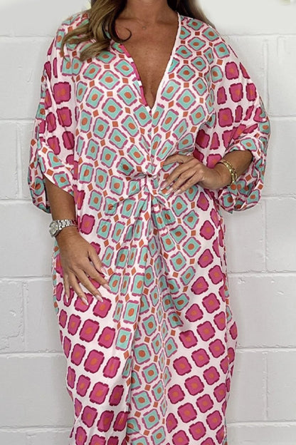 🔥50 % de réduction sur les soldes🔥Robe midi à col en V et motif géométrique