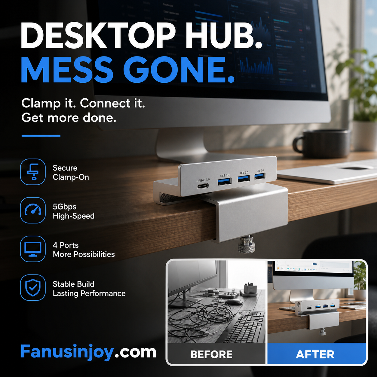 💥Begrenzte Zeit 50% Rabatt! 🖥️Schluss mit Kabelchaos! Klemm-USB-3.0-Hub aus Aluminiumlegierung – 4-Port-Dockingstation