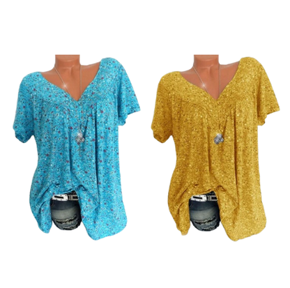 👚 50% RABATT! 🌸 Damen Kurzarmbluse mit Frühlingsblumenprint – V-Ausschnitt, Atmungsaktiv & Knitterfrei 🌿