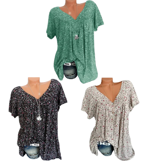 👚 50% RABATT! 🌸 Damen Kurzarmbluse mit Frühlingsblumenprint – V-Ausschnitt, Atmungsaktiv & Knitterfrei 🌿