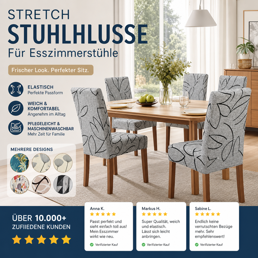 🛋️ Aktion: 2 für 1 – Universal-Stuhlbezug mit elastischem Stoff & Print – für Rückenlehne und Sitzfläche, waschbar & vielseitig für Esstisch & Wohnzimmer 🪑