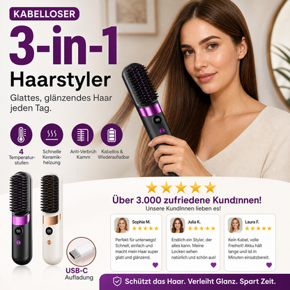 💇‍♀️🔥 3-in-1 Kabellose Glättungsbürste – glätten, locken, entwirren – USB-C, 4 Stufen – perfektes Haar überall! ✨