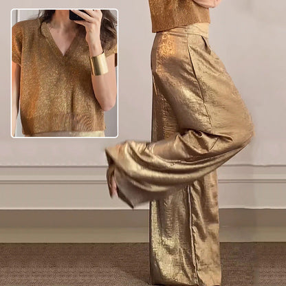 🔥Cardigan lucido e pantaloni larghi da donna in set da 2.