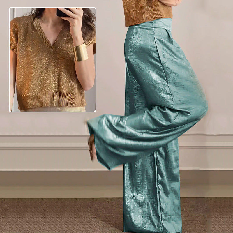 🔥Cardigan lucido e pantaloni larghi da donna in set da 2.
