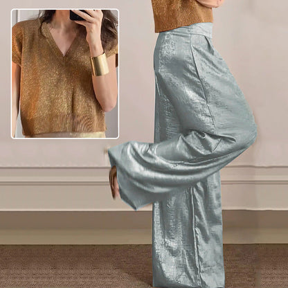 🔥Cardigan lucido e pantaloni larghi da donna in set da 2.