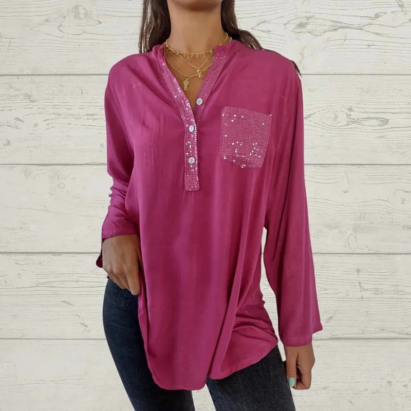 ⏳Vendita a tempo limitato🌸Camicia da donna con scollo a V e patchwork di paillettes