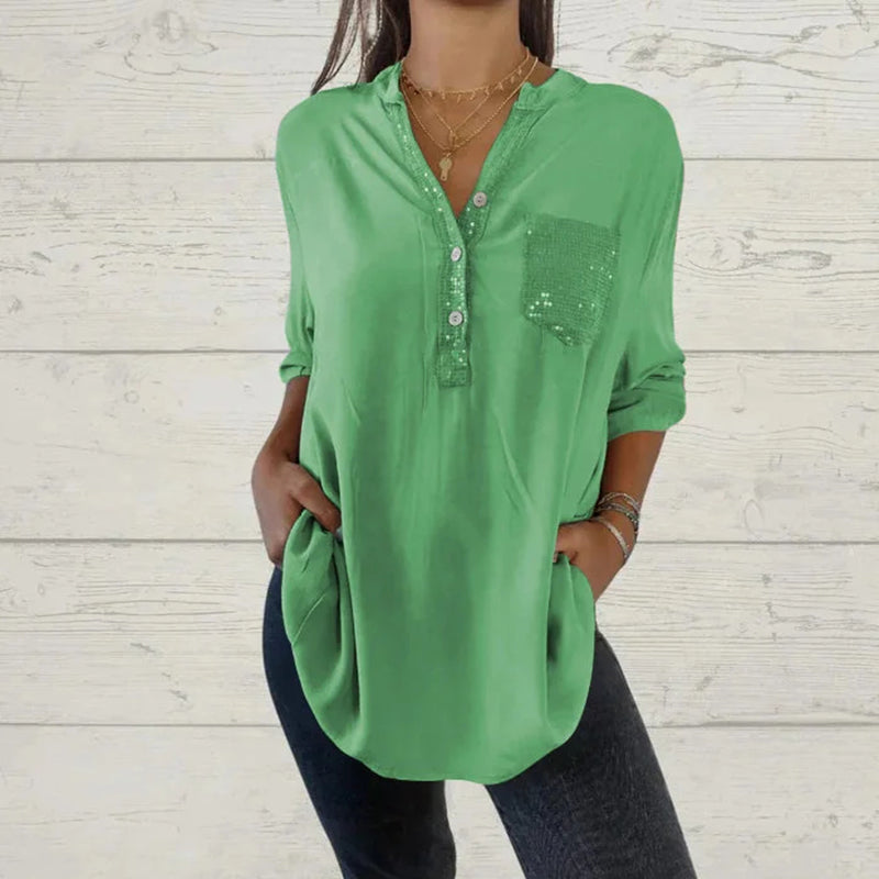 ⏳Vendita a tempo limitato🌸Camicia da donna con scollo a V e patchwork di paillettes
