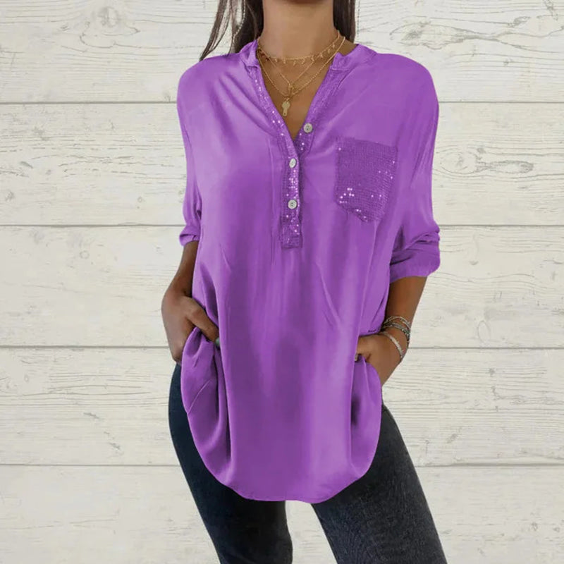 ⏳Vendita a tempo limitato🌸Camicia da donna con scollo a V e patchwork di paillettes