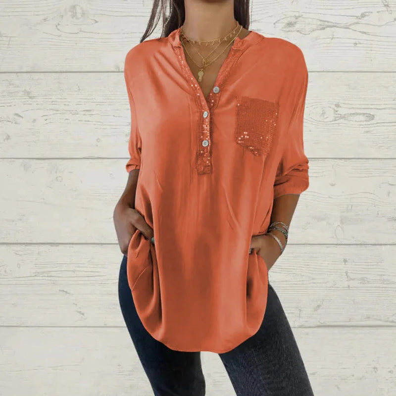 ⏳Vendita a tempo limitato🌸Camicia da donna con scollo a V e patchwork di paillettes