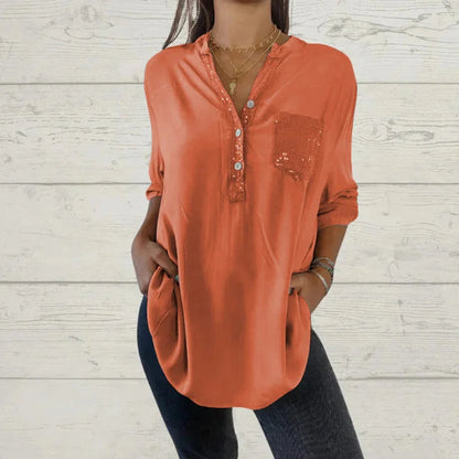 ⏳Vendita a tempo limitato🌸Camicia da donna con scollo a V e patchwork di paillettes