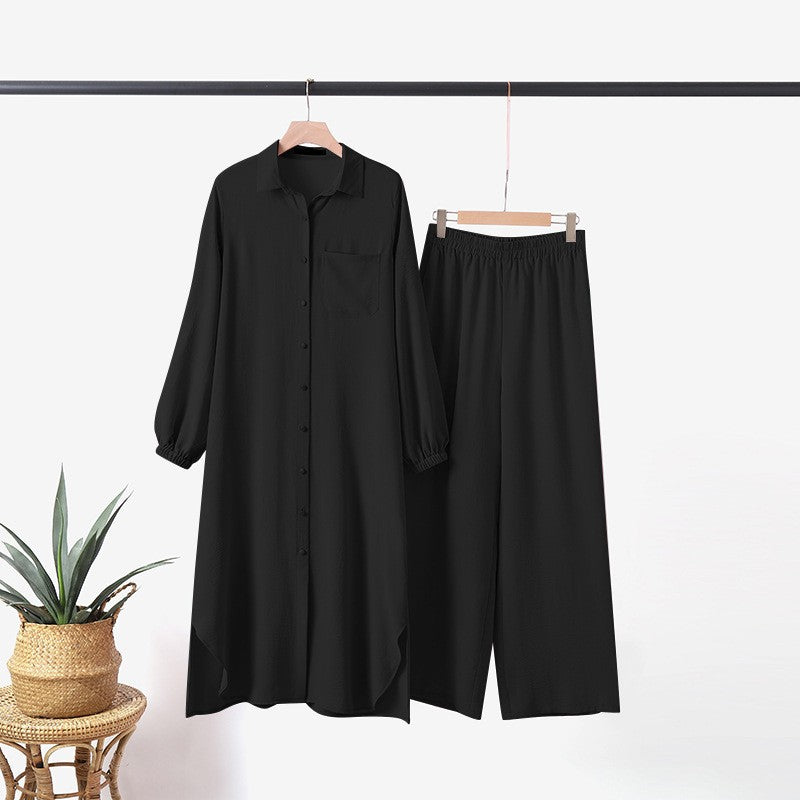 Two -part women's suit made of long shirt and pants with long sleeves and lapels