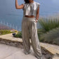💥Women's 2-piece outfits shiny wide crop top &amp; wide pants with pockets