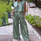 💥Damen 2-teilige Outfits Glänzendes Weites Crop Top & Weite Hosen mit Taschen