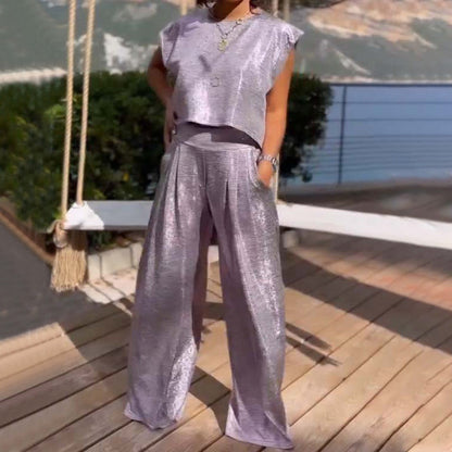 💥Completo da donna in due pezzi: top corto lucido e pantaloni larghi con tasche
