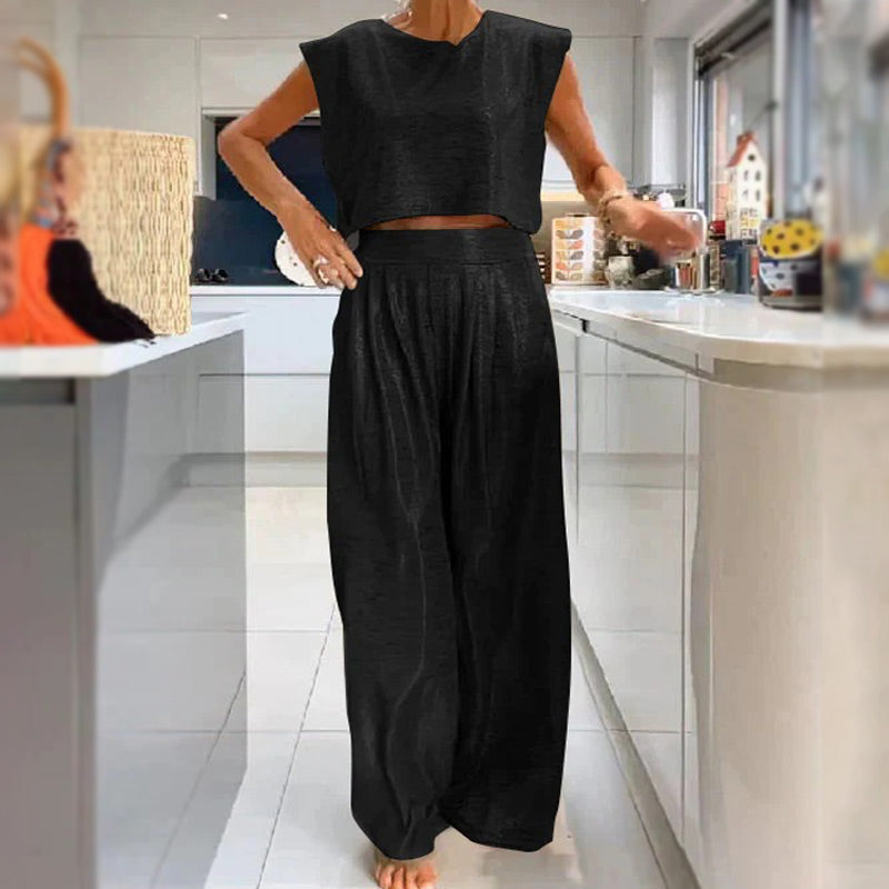 💥Completo da donna in due pezzi: top corto lucido e pantaloni larghi con tasche