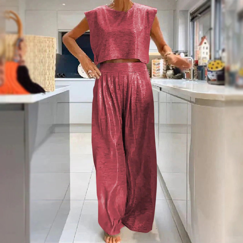 💥Completo da donna in due pezzi: top corto lucido e pantaloni larghi con tasche