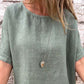 Damen Solid Color Rundhals Halbarmbluse aus Baumwolle