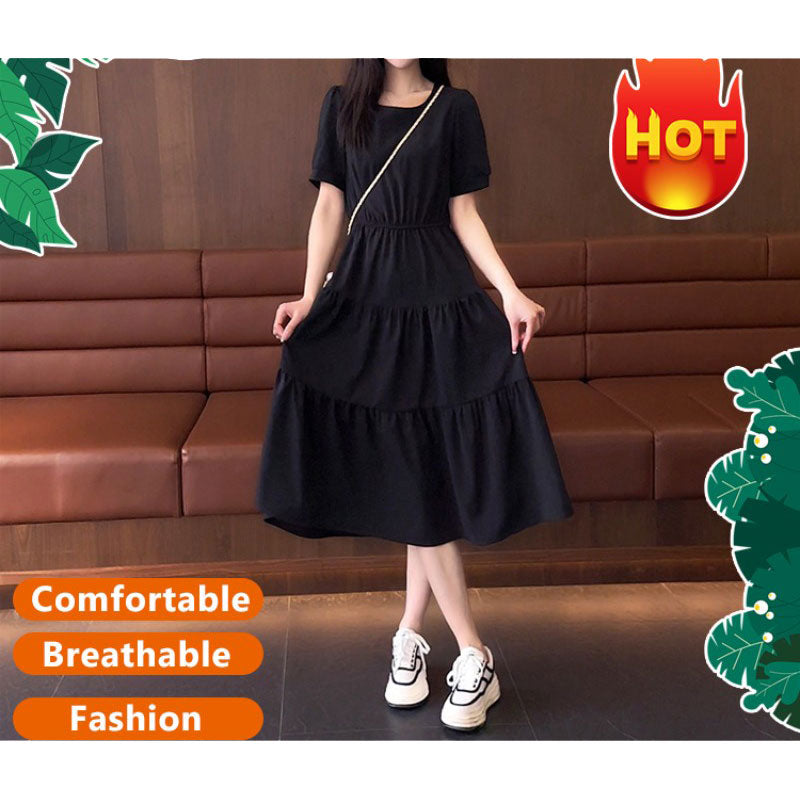 Vestido de verano de un solo colorado con mangas cortas
