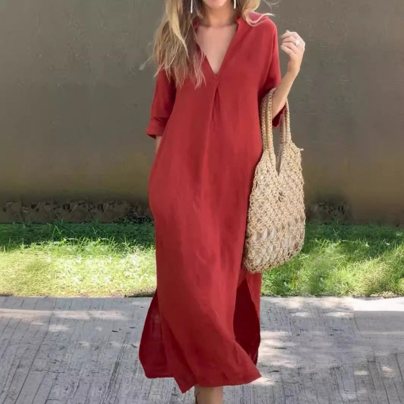 🔥50% korting op hete uitverkoop🔥Elegante jurk met V-hals en split