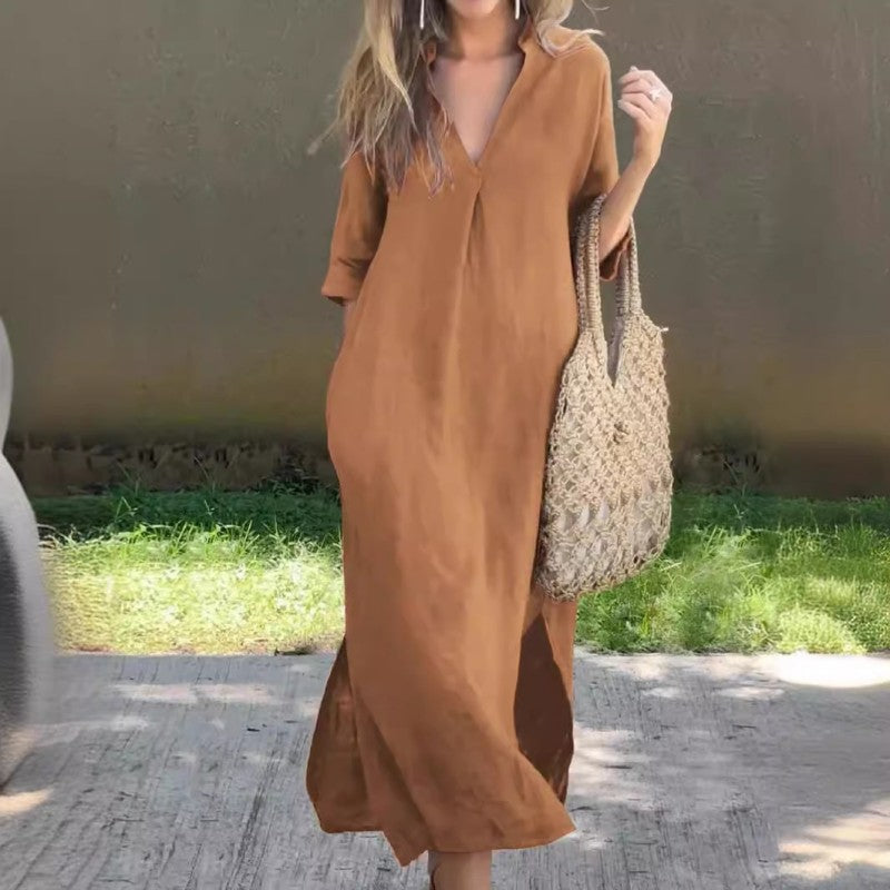 🔥50% korting op hete uitverkoop🔥Elegante jurk met V-hals en split