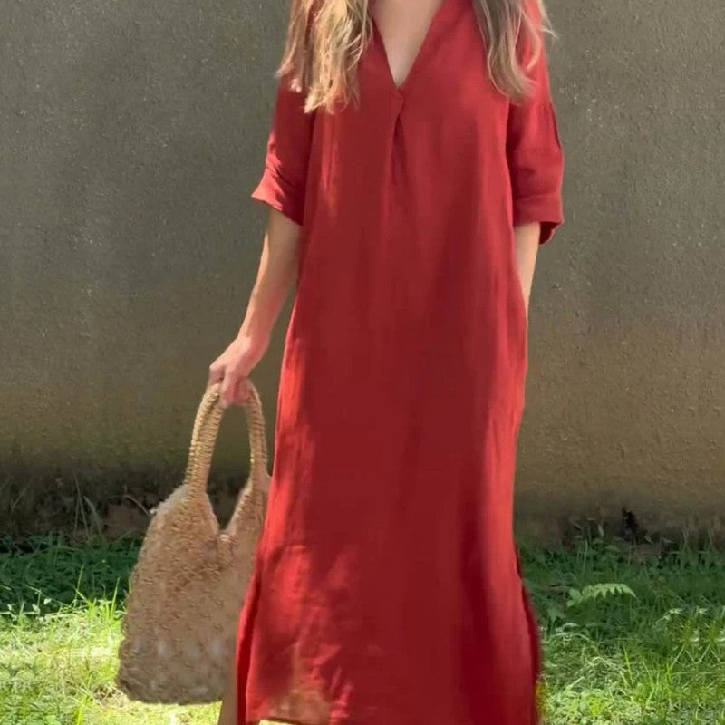 🔥50% korting op hete uitverkoop🔥Elegante jurk met V-hals en split