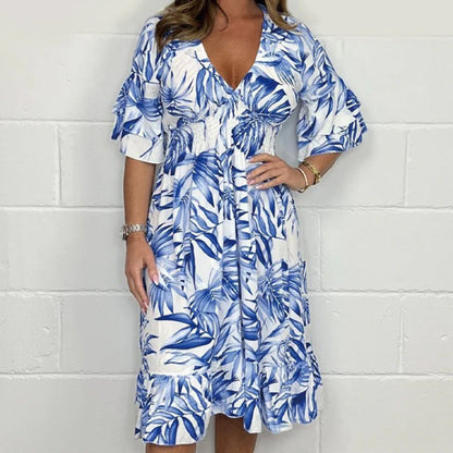 👗49 % rabatt🌺Eleganta V-ringade klänningar med botaniska motiv för kvinnor