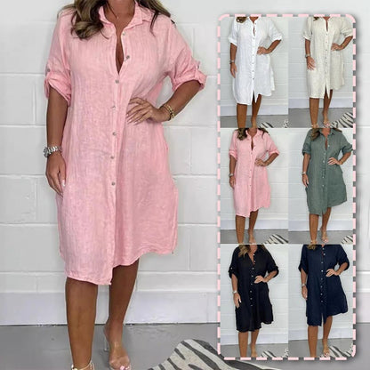 💖Vestido camisero de algodón y lino con botones delanteros para mujer