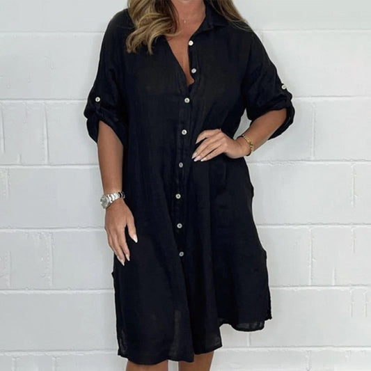 💖Women's cotton and linen button-front shirt dress