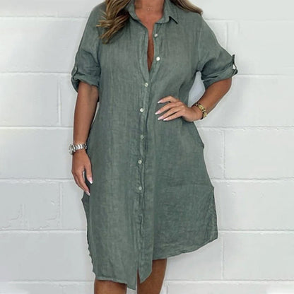 💖Vestido camisero de algodón y lino con botones delanteros para mujer