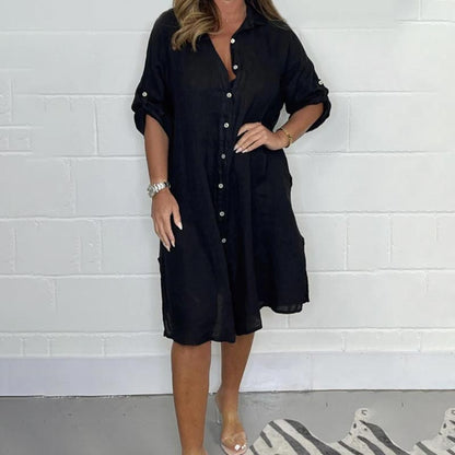 💖Vestido camisero de algodón y lino con botones delanteros para mujer