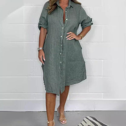 💖Vestido camisero de algodón y lino con botones delanteros para mujer