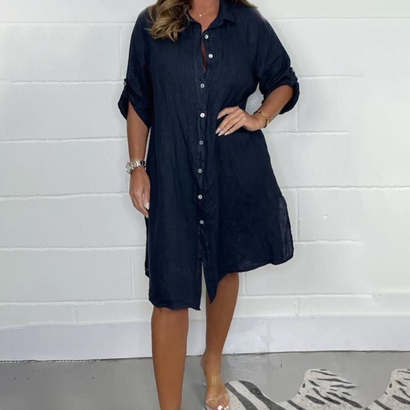💖Vestido camisero de algodón y lino con botones delanteros para mujer