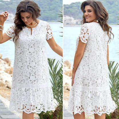 💃2024 NY Elegant Vit Blommig Klänning med Halsringning för Damer