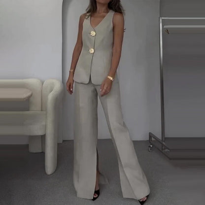 🔥51% de descuento💕Conjunto de dos piezas para mujer. Chaqueta y pantalón sin mangas con escote en pico y cierre de botones en la parte delantera.