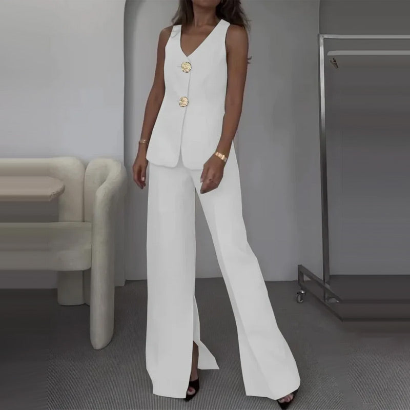🔥51% de descuento💕Conjunto de dos piezas para mujer. Chaqueta y pantalón sin mangas con escote en pico y cierre de botones en la parte delantera.