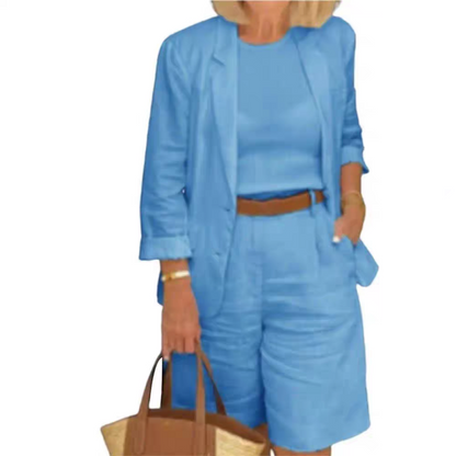Elegante set di pantaloncini di lino e blazer per le donne
