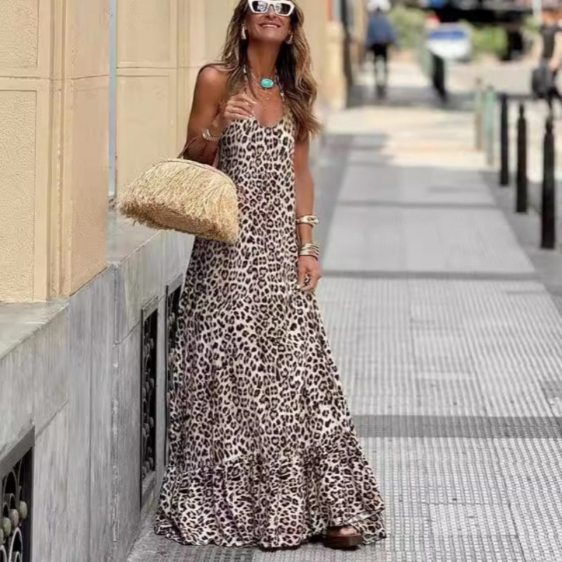 Abito lungo con stampa leopardata e scollo all'americana, sexy e senza schienale, da donna🥰Acquista 2 e ricevi la spedizione gratuita