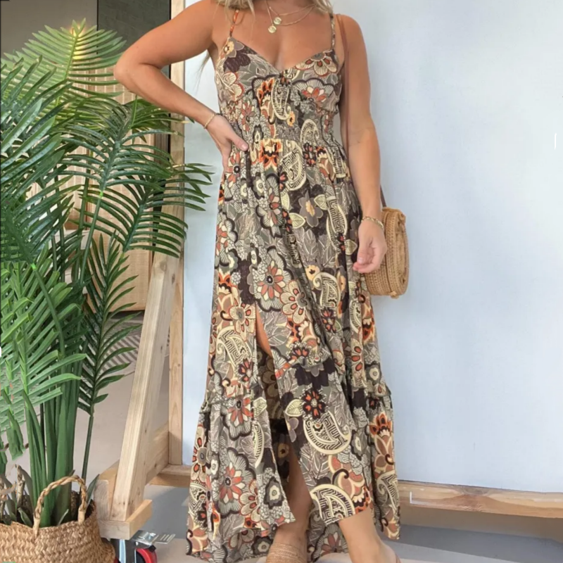 🌺Sconto del 49% sulla prevendita primaverile🍃Vestito lungo sexy con spalline sottili e stampa floreale per donna