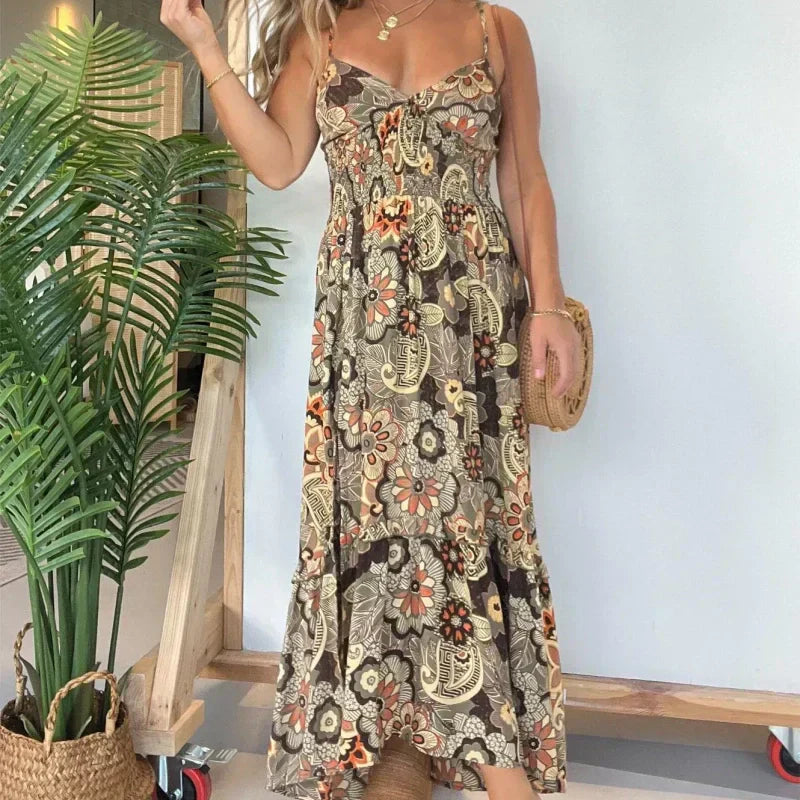 🌺Sconto del 49% sulla prevendita primaverile🍃Vestito lungo sexy con spalline sottili e stampa floreale per donna