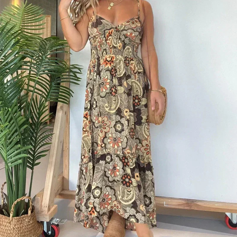 🌺Sconto del 49% sulla prevendita primaverile🍃Vestito lungo sexy con spalline sottili e stampa floreale per donna