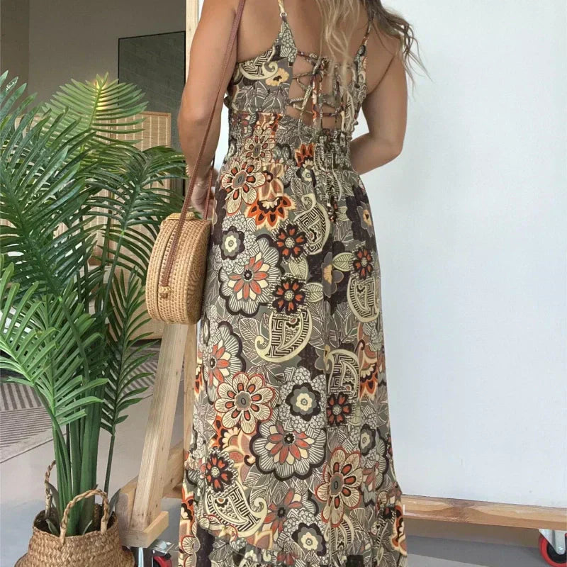 🌺Sconto del 49% sulla prevendita primaverile🍃Vestito lungo sexy con spalline sottili e stampa floreale per donna